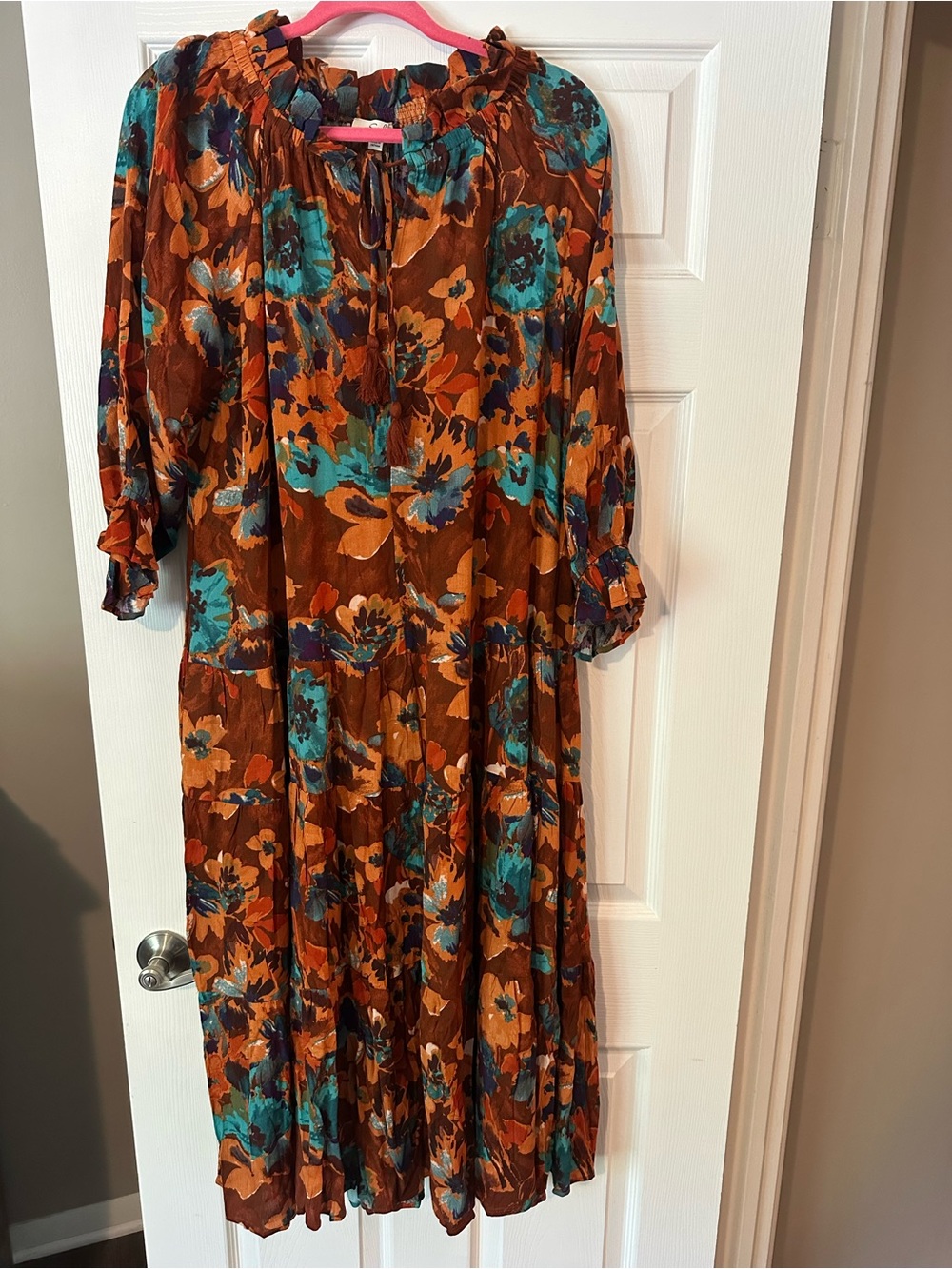 easel Brown Floral Maxi Dress with Teal Accents